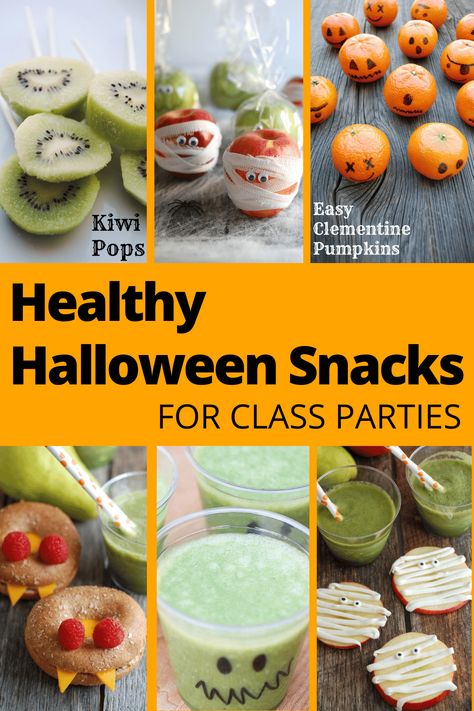 16 Healthy Halloween Snacks for Class Parties (Fun Simple!) Halloween Snacks Healthy Kids, Healthy Halloween Classroom Snacks, Healthy Halloween Goodie Bags, Healthy Halloween Party Snacks, Easy Halloween Snacks Healthy, Halloween Healthy Snacks School Parties, Halloween Heathy Snacks, Halloween Snacks For Kids Healthy, Halloween Party Healthy Snacks