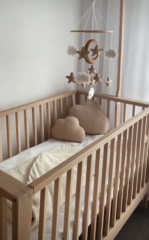 Newborn Crib Set Up, Nursery With Wooden Crib, Brown And White Nursery, Light Brown Nursery, Wooden Crib Nursery, Brown Nursery Ideas, White Tree Decorations, Ikea Baby Room, Tan Nursery