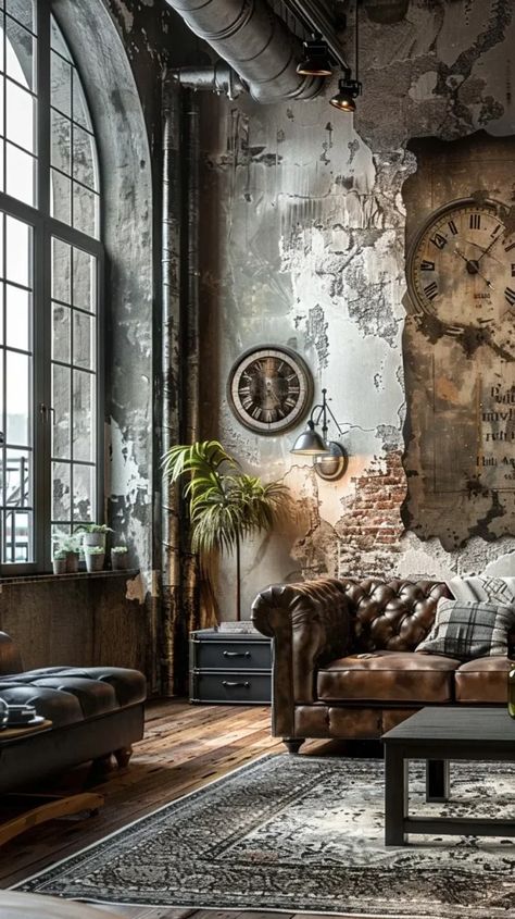 Embrace the Urban Chic: Exploring Industrial Living Room Styles - Decoholic Urban Chic Aesthetic, Steampunk Living Room, French Industrial Decor, Mens Decor, Industrial Style Interior Design, Industrial Cottage, Uncle Vanya, Deco Loft, Steampunk Interior