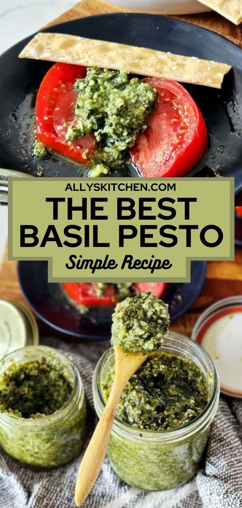 Collage of overhead shot of plate with tomato topped with basil pesto at top and overhead shot of two jars full of basil pesto at bottom. Lemon Basil Pesto, Homemade Pesto Recipe, Basil Pesto Sauce, Lemon Pesto, Basil Pesto Recipes, Basil Recipes, Creamy Pesto, How To Make Pesto, Homemade Pesto