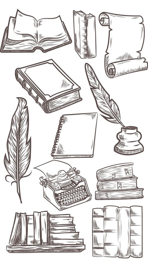 Literature Symbols Drawing, Cool Book Drawings, Writer Aesthetic Drawing, Reading Doodles Drawings, Old Things Drawing, Sketch Your Sticker Book Ideas, Reading Journal Doodles, Book Case Drawing, Book Sketches Doodles