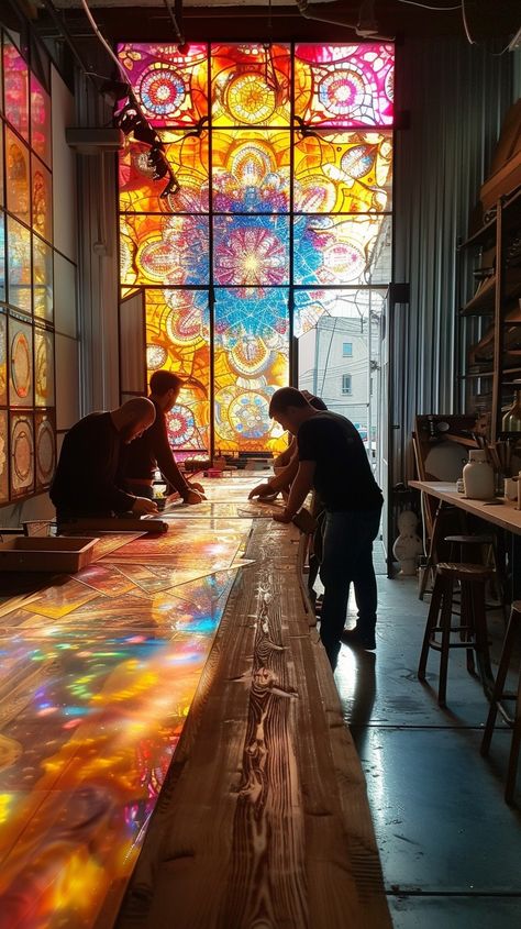 Stained Glass Glow: People gathering by a wooden table illuminated by the vibrant colors of a stained glass window. #stained #glass #window #colorful #artistic #people #gathering #wooden #aiart #aiphoto #stockcake https://ayr.app/l/JeGL Glass Blowing Studio, Stained Glass Artist, Stained Glass Reflection, Glass On Glass Mosaic Window, Fairy Apothecary, Stained Glass Bar, Tangled Design, Stained Glass Furniture, Stained Glass Garden Art