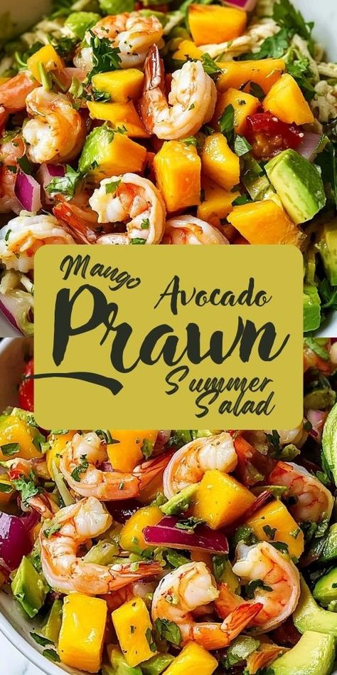 Prawn Mango Avocado Summer Salad Ingredients: 500g cooked prawns, peeled and deveined 1 large ripe mango, peeled and diced 1 avocado, peeled and diced 1 small red onion, finely sliced 1 cucumber, halved and thinly sliced 1/2 cup fresh coriander leaves 1/4 cup fresh mint leaves 1 red chili, finely sliced (optional) 1/4 cup roasted peanuts, roughly chopped Dressing: 2 tbsp lime juice 1 tbsp fish sauce 1 tbsp rice vinegar 1 tsp sugar 1 tbsp sesame oil #Prawn #Mango #Avocado #Summer #Salad Prawn Mango Salad, Prawn And Avocado Salad, Mango Salad Dressing, Baked Shrimp Recipes, Prawn Salad, Ripe Mango, Mango Avocado, Avocado Salad Recipes, Fresh Salad Recipes