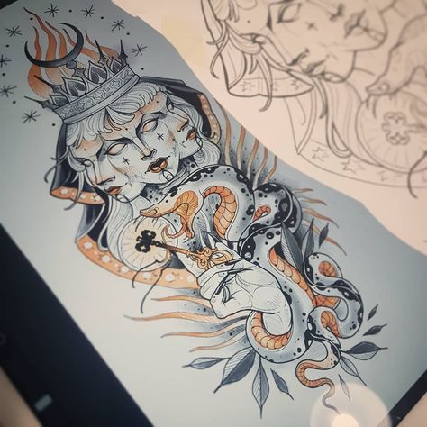 Kati Berinkey en Instagram: “//Hekate/sketch// #tattoo #tattoodesign #tattoosketch #customtattoo #customdesign #customsketch #godess #hekate” Hekate Tattoo Triple Goddess, Hecate Goddess Tattoo Design, Fate Tattoo, Norse Mythology Tattoo, Hecate Goddess, Mystical Tattoos, Men Tattoos Arm Sleeve, Witch Tattoo