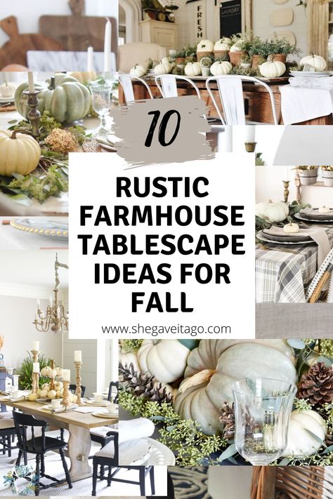 10 Rustic Farmhouse Tablescape Ideas for Fall | She Gave It A Go Table Styling Dining, Farmhouse Thanksgiving Table, Farmhouse Tablescape, Fall Dining Room Table Decor, Fall Dining Table Decor, Fall Dining Room Table, Fall Dining Table, Room Table Decor, Fall Dining Room