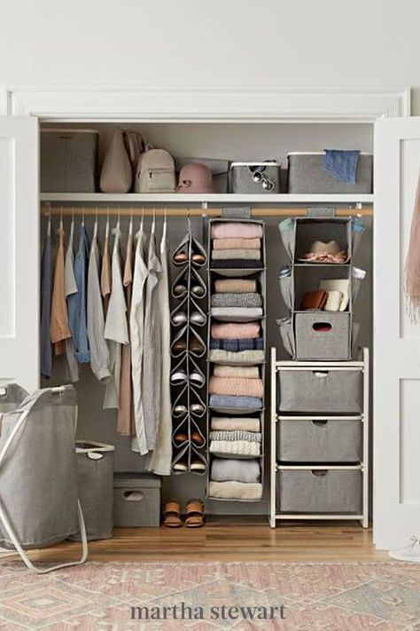 Keep your shoes neatly stacked with this soft-structured holder, which allows you to make better use of precious vertical space. #marthastewart #organization #organizationideas #declutter #tipsandadvice Main Bedroom Ideas, Wardrobe Behind Bed, Dresser Alternative, Office Cozy, Very Small Bedroom, Closet Organisation, Cottage Cozy, Wardrobe Organisation, Closet Layout