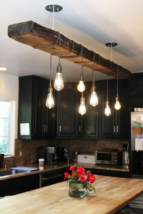 Rustic Led Lighting, Dining Room Over Table Lighting, Kitchen Island Barnwood, Over Bar Lighting Ideas, Midcentury Modern Chandelier Dining Room, Cool Pendant Lights, Industrial Farmhouse Living Room Ideas, Wood House Projects, House Lighting Ideas Interior