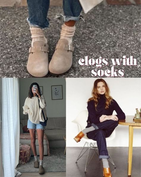 Clogs Outfit Summer Street Style, How To Wear Clogs With Jeans 2023, Boston Clogs With Socks Outfit, Boston Clogs Socks, How To Style Clogs With Socks, Clogs Spring Outfit, Socks For Birkenstock Clogs, Boston Clogs With Shorts, Birkenstock Clogs Socks