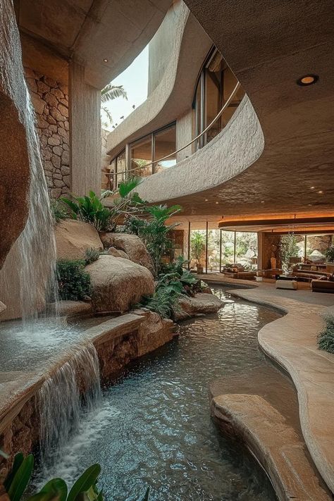 Desert Oasis Architecture, Earthy Mansion, Crazy House Ideas, Luxury Garden Mansions, Hotel Garden Design, Indoor House Garden, Nature Mansion, Cool Home Features, Mansion House Design