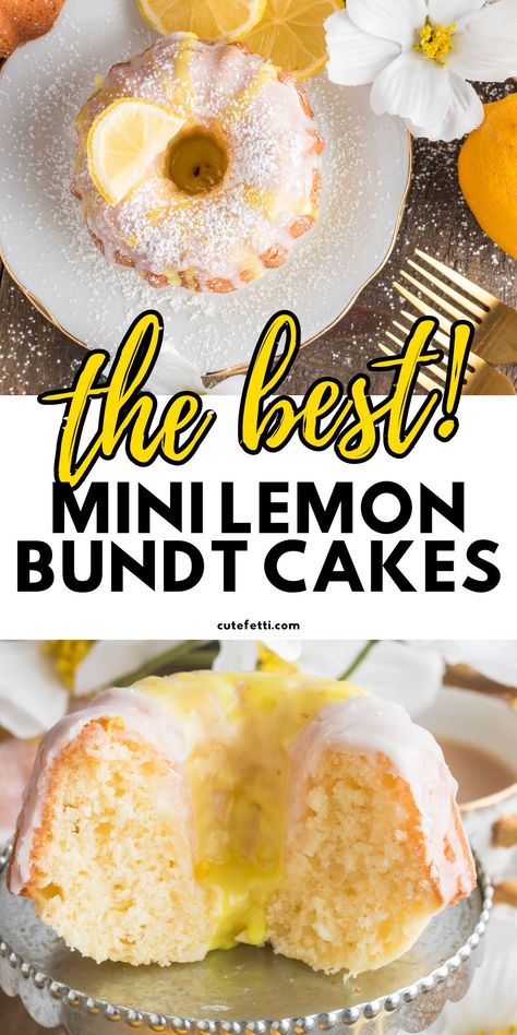 These Mini Lemon Bundt Cakes are the perfect combination of tangy and sweet! The soft and buttery cake, with bits of lemon zest, is topped with a simple and sweet lemon glaze. They are great for a fancy dessert table or as gifts. Plus, they're incredibly easy to make with basic pantry ingredients! Lemon Blueberry Mini Bundt Cakes, Mini Rum Bundt Cakes Recipe, Lemon Raspberry Mini Bundt Cakes, Miniature Bundt Cakes, Decorating Mini Bundt Cakes, Individual Bundt Cake Recipes, Bundt Mini Cakes, Wilton Mini Bundt Cake Recipes, Small Bunt Pan Recipes