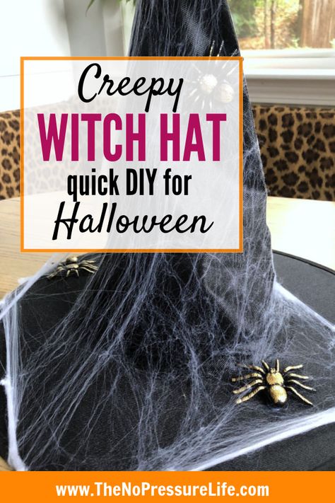 Learn how to make an easy DIY decorated witch hat for Halloween with this simple tutorial! It's a great idea to wear for a last-minute Halloween costume or as a decoration. Little witches will love the sparkly spiders on this hat! #Halloween #HalloweenCostumes #HalloweenCrafts via @nopressurelife How To Decorate A Witches Hat To Wear, How To Decorate A Witches Hat, Decorating Witches Hats, Decorate A Witches Hat, Decorate Witches Hat, Diy Witch Hat To Wear, Decorated Witches Hats, Decorated Witch Hat, Home Decor Ideas Diy Crafts