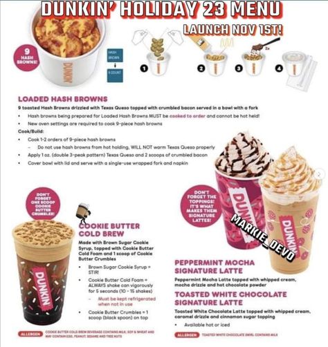 Dunkin's holiday menu for 2023 has arrived and includes seasonal drinks like the Cookie Butter Latte, Peppermint Mocha, and more. Dunkin Holiday Drinks, Dunkin Recipes, Cookie Butter Cold Brew, Cookie Butter Latte, Holiday Coffee Drinks, Dunkin Drinks, Triple Chocolate Muffins, Dunkin Donuts Iced Coffee, Brown Sugar Cookies