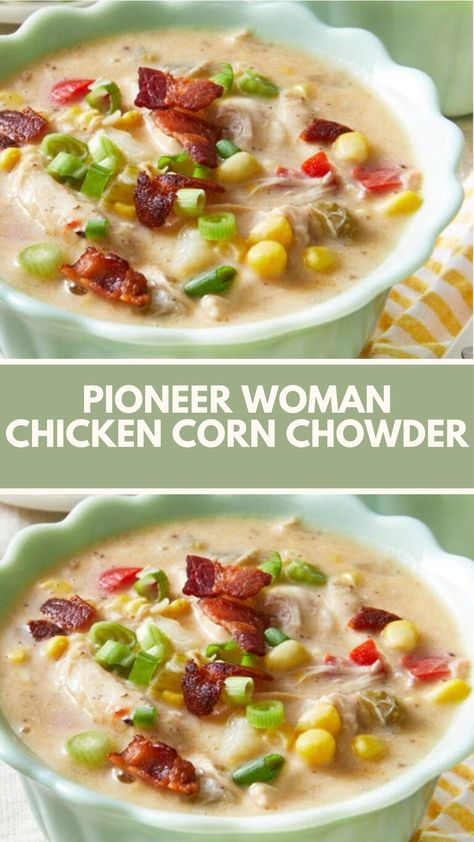 This delicious Pioneer Woman Chicken Corn Chowder is a creamy and comforting meal that’s perfect for chilly nights. It’s quick and easy to prepare, using common ingredients like bacon and chicken. Enjoy its hearty texture topped with crispy bacon and fresh green onions for an extra burst of flavor! Chicken And Corn Chowder Pioneer Woman, New England Chowder, Chicken Bacon Chowder, Chicken Corn And Potato Chowder, Smoked Chicken Chowder, Spicy Chicken Corn Chowder, Chowder Recipes Chicken, White Chicken Corn Chowder, Kickin Chicken Chowder