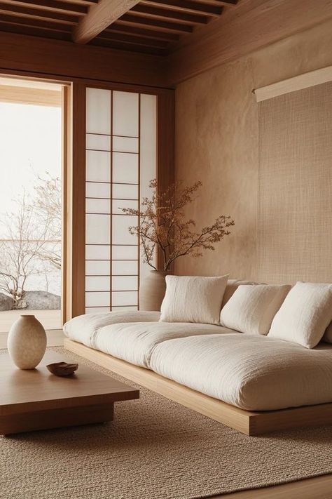 "Transform your living room into a calm retreat with Japandi design! 🧘‍♂️🏡 Neutral tones, clean lines, and natural textures create a soothing environment. 🌟✨ #JapandiDecor #MinimalistLiving #HomeInspiration" Japandi Sitting Room, Small Living Ideas, Japanese Modern Living Room, Japandi Lounge, Japandi Sofa, Japandi Lighting, Japandi Style Living Room, Living Room Japandi, Tatami Living Room