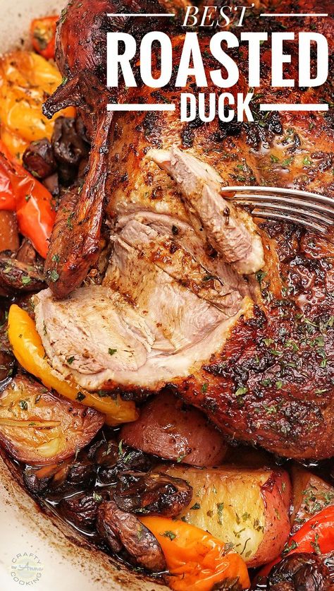 Roasted Duck in Wine with Potatoes, Peppers, and Mushrooms! Amazingly Delicious and Beautifully served dish for any special occasion! #duck #duckrecipes #roastduck #roastedduck #easyrecipes #easymeals #craftycookingbyanna Italian Duck Recipes, Duck In Oven Recipe, Peaking Duck Recipes, Roast Duck Leg Recipes, Easy Roast Duck Recipes, Cajun Duck Recipes, Duck Thanksgiving Recipe, Southern Duck Recipes, Whole Duck Recipes Dutch Oven