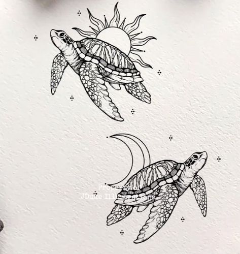 Couple Turtle Tattoos, Turtle Moon Tattoo, Turtle Sun Tattoo, Small Nature Drawings, Turtle Compass Tattoo, Honeymoon Tattoo Ideas, Turtle Matching Tattoos, Earth Spine Tattoo, Turtle Tattoos