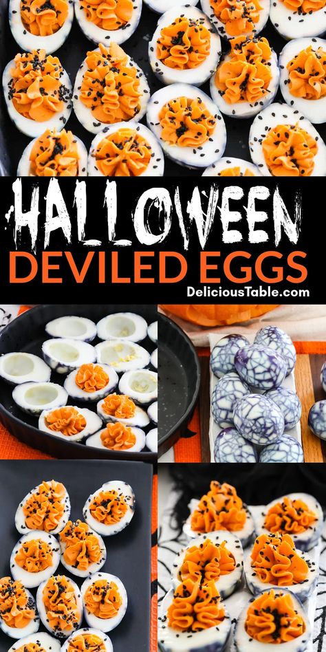 Halloween Deviled Eggs are spooky party appetizers with dark black crackled egg shells filled with bright orange filling. Add some black sprinkles of sesame seeds and pair with some Halloween cocktails or drinks at your Halloween party. Halloween Snacks Deviled Eggs, Halloween Food Ideas Deviled Eggs, Halloween Party Food Deviled Eggs, Halloween Deviled Eggs Recipe, Eye Deviled Eggs, Orange And Black Food Ideas, Spooky Deviled Egg Spiders, Spooky Spider Deviled Eggs, Spiderweb Hard Boiled Eggs