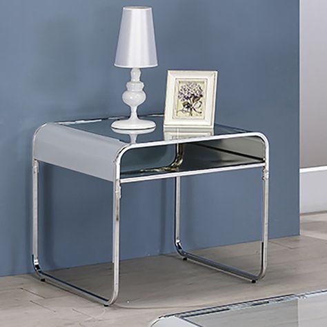 Wade Logan® Armantine Glass Sled End Table with Storage | Wayfair Chrome Bedside Table, Glass Top End Tables, End Table With Storage, Tripod Table Lamp, Glass End Tables, End Table Sets, Living Room End Tables, Table With Storage, End Tables With Storage