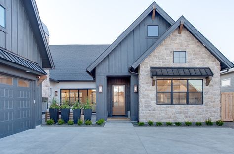 Modern Farmhouse Home Parade Tour - Home Bunch Interior Design Ideas Modern Belgian Farmhouse Interiors, Farmhouse Exterior Ideas Stone, Front Of Modern Farmhouse, Modern Farmhouse Exterior Stone Board And Batten, Hardie Shingle Siding Cobblestone, Houses With Limestone Exterior, Limestone Exterior Modern, Stone For Outside Of House, Craft Orchard Limestone Timberwolf