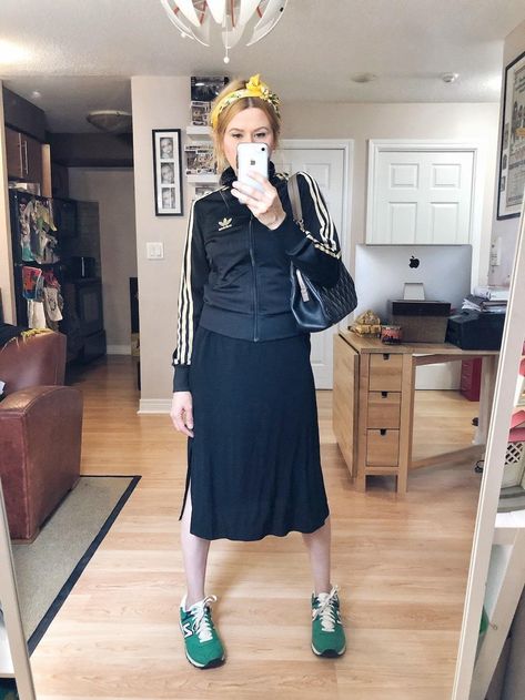 What I Wore this week | Black Slip Dress | Adidas Track Jacket | Green New Balance Sneakers | Chanel Bag | livelovesara Adidas Track Jacket Outfit, Adidas Jacket Outfit, Trainers Outfit, Adidas Activewear, Leather Jacket Dress, Black Silk Blouse, Look Adidas, Adidas Track Jacket, Black Slip Dress