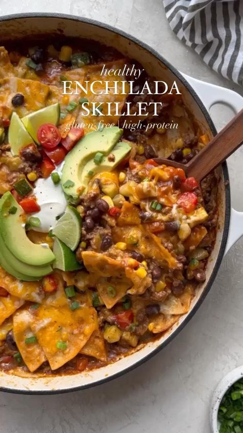 #healthyrecipeseasy Diced Meat Recipes, 15 Min Healthy Meals, Lean Red Meat Recipes, No Meat High Protein Meals, Rolled Enchiladas, Skillet Enchiladas, Beef Skillet, Enchilada Skillet, Enchiladas Healthy