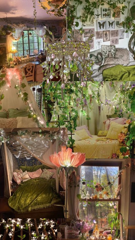 Bloomcore Aesthetic Room, Purple Fairy Room, Fairycore Room Aesthetic, Fairy Garden Bedroom Ideas, Fairy Bedroom Ideas For Adults, Fairy Bedroom Aesthetic, Fairy Room Ideas, Basement Aesthetic, Forest Bedroom Aesthetic