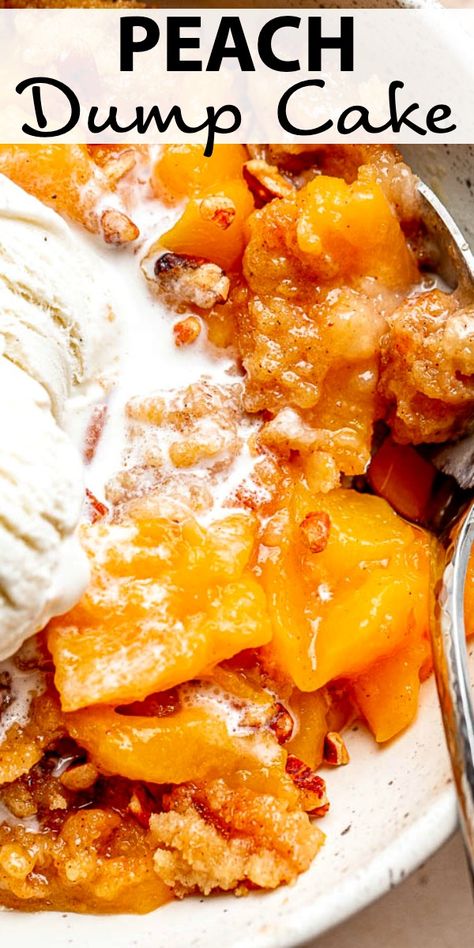 This gooey Peach Dump Cake Recipe is a sweet and delicious summer dessert! It's easy to make from scratch with fresh peaches and a homemade cake mix. #peachcake #dumpcake #peaches Cobbler Dump Cake, 4 Ingredient Desserts, Peach Cobbler Dump Cake, Peach Dump Cake, Peach Pie Filling, Dessert Oreo, Apple Dump Cakes, Peach Cobbler Easy, Peach Desserts