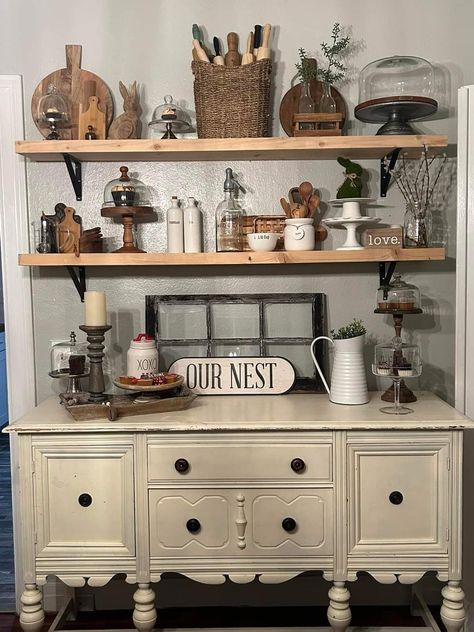 Shelf Over Buffet Dining Rooms, Floating Shelves Kitchen Above Buffet, Farmhouse Dining Room Shelves, Shelving Above Buffet, Shelves Above Buffet In Dining Room, Floating Shelves Above Buffet, Wall Decor Above Buffet, Shelves Above Buffet, Dining Room Shelves Decor