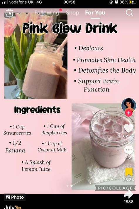 🎀the pink glow drink🎀 #drinks #glowdrink #Glowup #glowupchallenge Glow Drink Recipe Tiktok, Pink Drink Healthy, Pink Glow Drink, Healthy Diy Drinks, Glow Up Drink Recipe, Healthy Recipes Drinks, Glow Up Drinks, Pink Drinks Non Alcoholic, Glow Drink Recipe