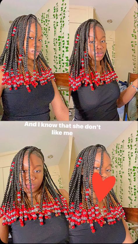 knotless braids with beads Knotless Braids Short With Beads, Braids Short With Beads, Cute Bead Braid Hairstyles, Braiding Beads Into Hair, Abstract Hairstyles, Cute Braided Hairstyles For Short Hair, Short Red Braids With Beads, Group Hairstyles, Beaded Box Braids