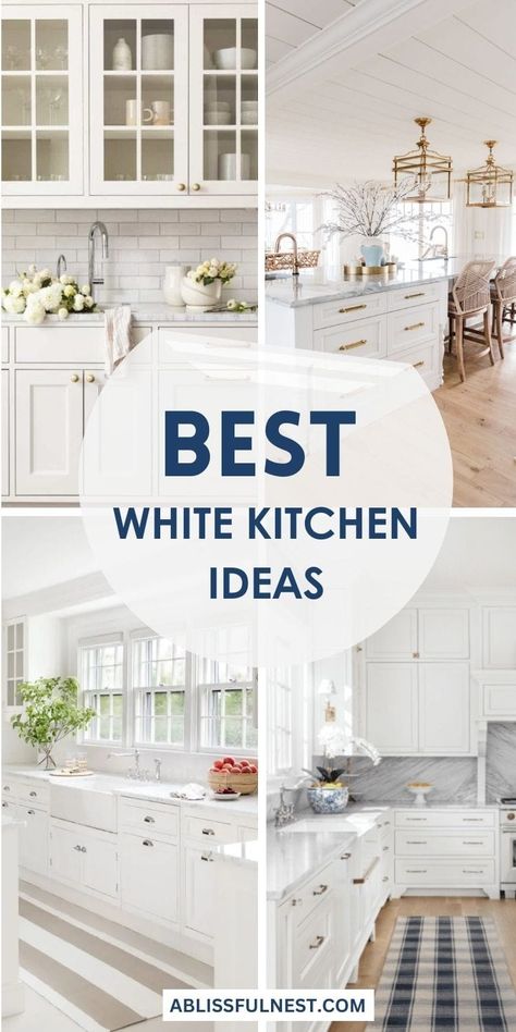 Looking for kitchen inspo? Explore these stunning white kitchen ideas that add elegance and light to your home. Whether you love sleek and modern or cozy and traditional, we've got you covered! #kitchendesign #whitekitchenideas #ABlissfulNest White Kitchens With Peninsula, Bright Farmhouse Kitchen, White Kitchen Island Ideas, White Kitchens Ideas, Countertops Decor Ideas, Kitchen Countertops Decor Ideas, Modern Farmhouse White Kitchen, All White Kitchens, White Cabinets Kitchen