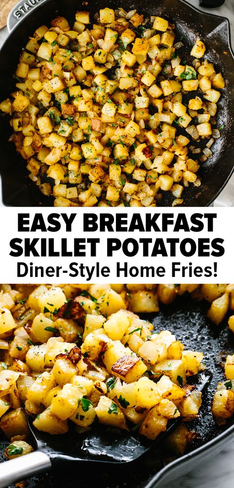 This skillet breakfast potatoes is the perfect side dish to round out a breakfast idea or even dinner. Potatoes are perfectly seasoned and become crisp in a skillet for a classic diner style home fries. #potatorecipe #breakfastrecipe #skilletpotatoes #homefries #potatoseasoning Sliced Breakfast Potatoes Skillet, Veggie Skillet Breakfast, Airfry Breakfast Potatoes Recipes, Sautéed Breakfast Potatoes, Egg Recipe Dinner, Cast Iron Breakfast Potatoes, Potatoes For Breakfast Mornings, Breakfast Skillets Easy, Brunch Potatoes Recipes