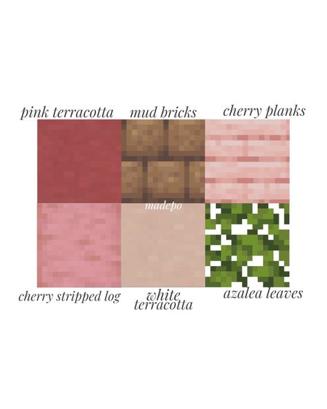 Aesthetic Pink Minecraft House, Cute Minecraft Floor Ideas, Minecraft Pallets Cherry Blossom, Pink Blocks Minecraft, Pink Terracotta Minecraft, Pink Block Pallet Minecraft, Cherry Blossom Block Pallet Minecraft, Cherry Blossom Colour Palette Minecraft, Minecraft Pink Pallet