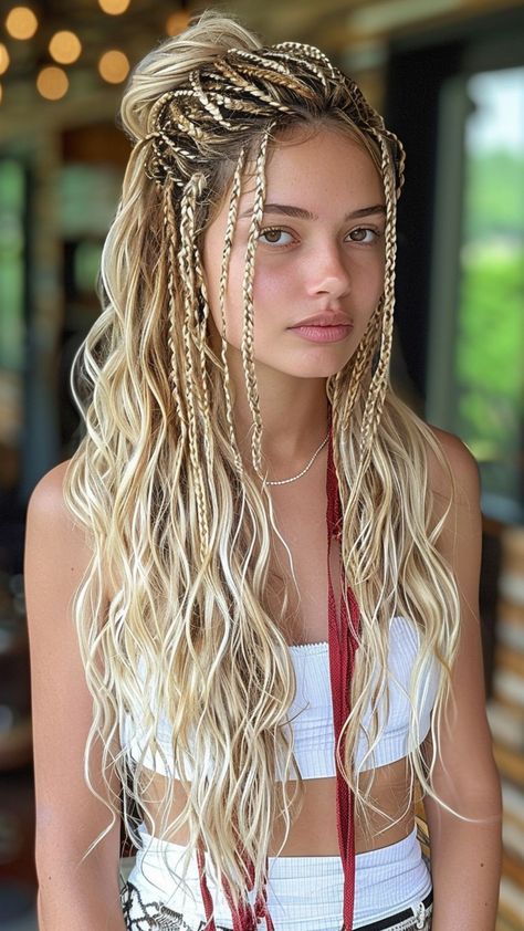 25 Inspirational Mixed Blonde Knotless Braid Styles for 2024 Long Hair Braiding Styles, Micro Braids On White Women, Full Hair Braided Hairstyles, Boho Braided Hair, Full Braided Hair, Bohemian Blonde Braids, Tiny Braids Hairstyles, Full Hair Braids, White Girl Braids Extensions