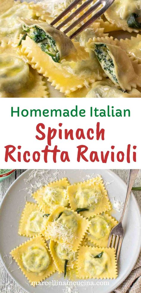 These delicate Italian ravioli are filled with rich, creamy ricotta, spinach, savory Parmigiano Reggiano cheese and a touch of nutmeg. #Ravioli #Homemade #SpinachRicottaRavioli Ravioli Recipe Filling, Spinach Ricotta Ravioli, Ravioli Homemade, Ravioli From Scratch, Cheese Ravioli Recipe, Italian Ravioli, Ravioli Recipe Homemade, Spinach And Cheese Ravioli, Ravioli Dough