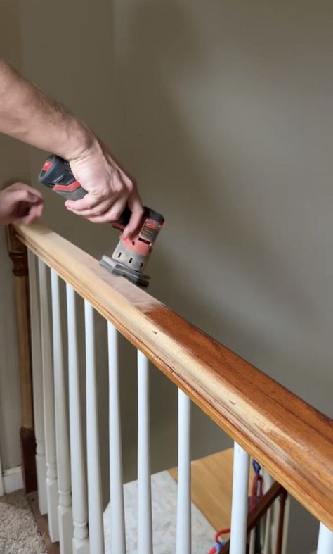 How to Refinish Staircase Railings #Post Title﻿ ﻿-﻿ ﻿#Site Title Replacing Staircase Spindles, Stained Bannister Ideas, 1990s Staircase Remodel, How To Repaint Stair Railing, Update Handrail, Updates Stair Railing, Updating Newel Posts, Refinishing Stair Railing Banisters, Updated Stair Railing Wood