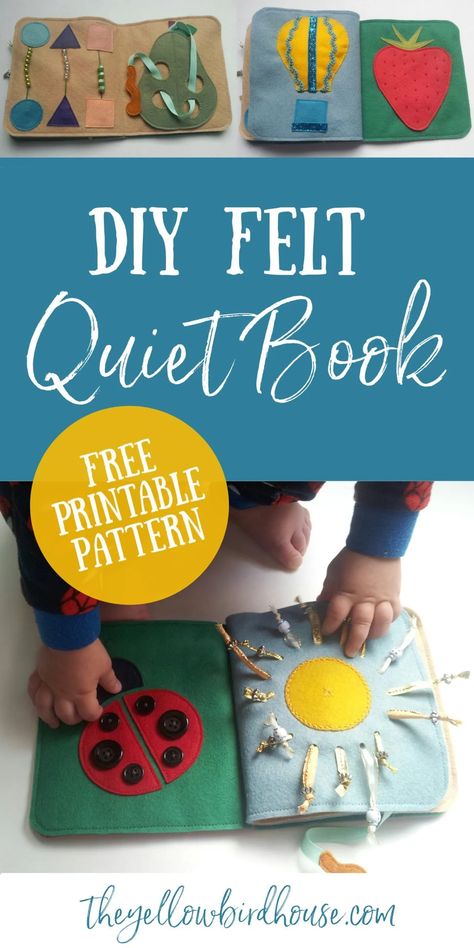 Make a DIY felt quiet book with this beginner friendly tutorial and free printable pattern. Help toddlers with fine motor skills, colours and counting. Quiet Book Ideas, Buku Diy, Diy Busy Books, Felt Quiet Book, Quiet Book Templates, Diy Quiet Books, Baby Quiet Book, Book Pattern, Quiet Book Patterns