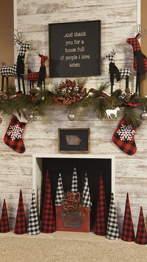 Buffalo Check Decor Christmas, Buffalo Theme Christmas Tree, Christmas Checkered Decor, Red And Black Buffalo Plaid Christmas Fireplace Decor, Buffalo Plaid Mantle Decor, Christmas Decor Buffalo Plaid, Red And Black Buffalo Christmas Tree, Red Black Buffalo Plaid Christmas Decor, Red White And Black Christmas Decor