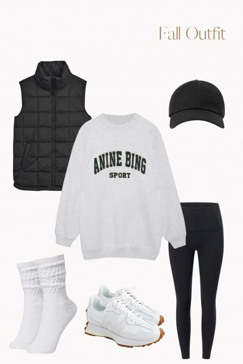 Oversize grey sweatshirt, black puffer vest, black baseball cap, black leggings, white oversized socks, white sneakers Chunky Sweatshirt Outfit, Tall Socks And Sneakers Outfit Leggings, White Crew Socks And Sneakers Outfit, Sweatshirt And Sneakers Outfit, White Socks And Sneakers With Leggings, Leggings Crew Socks Outfit, Scrunchie Socks Outfit, Sweatshirt And Leggings Outfit Fall, Leggings Socks Sneakers