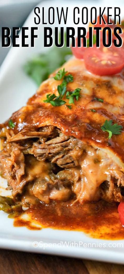 Beef burritos couldn't be easier than when made in the slow cooker! This easy recipe uses shredded beef and refried beans wrapped inside a tortilla shell and baked with cheese to create this cheesy authentic dish!  #spendwithpennies #slowcookerbeefburritos #slowcooker #crockpot #beefrecipe #Mexican #maindish Shredded Beef Burrito Recipes, Roast Beef Burritos, Shredded Beef Burritos, Slow Cooker Burrito, Beef Burrito Recipe, Beef Burritos, Beef Burrito, Camping Foods, Slow Cooker Barbacoa