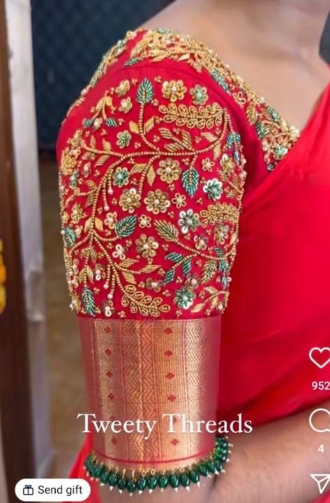 Blouse Design For Wedding Bridal Fashion, Hand Maggam Designs For Blouses, Zardosi Blouse Design, Marriage Saree Blouse Designs, Bridal Wedding Blouse Design, Maggam Blouses Latest, Marriage Aari Work Blouse Design, Red Saree Green Blouse Bridal, Bridal Maggam Work Designs