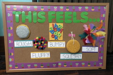 Preschool Sensory Board, Touch Board Sensory, Sensory Touch Board, Sensory Family Theme, Sensory Bulliten Board, 5 Senses Board Preschool, Sensory Display Boards, Senses Art Activities Preschool, Sensory Wall For Preschool