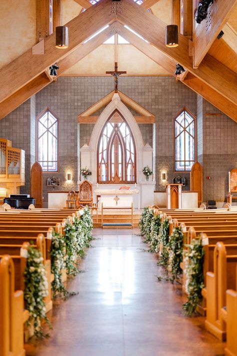 Church pew bench floral drape accent - greenery, white orlaya, white canterbury bells campanula Chapel Wedding Decorations Altars, Chapel Pew Wedding Decorations, Church Bench Decor Wedding, Pew Greenery Wedding, Church Alter Flower Decoration Wedding, Flowers On Pews Wedding, Wedding In Church Decorations, Wedding Aisle Decorations Pews, Chapel Aisle Decorations Wedding