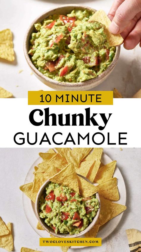 Simple chunky guacamole recipe with the best fresh ingredients. Homemade chunky guacamole is so easy to make and can be done in 10-minutes or less! If you love traditional guacamole, you'll love this chunky guacamole even more. It's loaded with creamy avocado, lime juice, onions, fresh cilantro, and just the right amount of jalapeño heat. Perfect for dipping, topping, or enjoying straight from the bowl! An easy dip recipe to make for summer or as an appetizer recipe! Best Guacamole Recipe Easy, Recipe For Guacamole Dip, Easy Guacamole Recipe Simple, Dip Recipes Healthy, Pickled Avocado Recipe, Traditional Guacamole, Homemade Guacamole Easy, Fresh Guacamole Recipe, Simple Guacamole Recipe