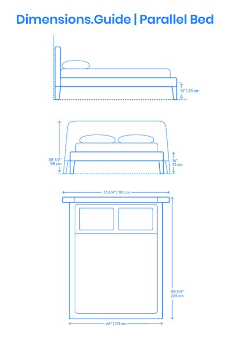 The Parallel Bed is an upholstered bed frame with a playfully shaped trapezoidal headboard. The Parallel Bed (Queen) has a length of 88 3/4” | 225 cm, headboard width of 77 3/4” | 197 cm, headboard height of 35” | 89 cm, footboard width of 68” | 173 cm, and platform height of 13” | 33 cm. Downloads online #furniture #beds #bedframes #bedrooms Bed Dimensions Height, Bed Height Standard, Bed Dimensions Cm, Malm Bed Frame, Ikea Malm Bed, Bed Queen Size, Bed Measurements, Malm Bed, Leather Upholstered Bed