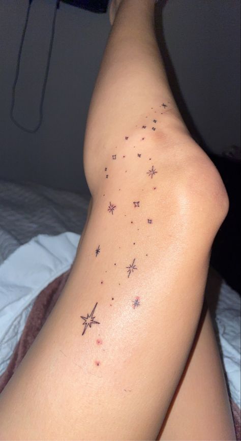 Stars Patchwork Tattoo, Live Like The Stars Tattoo, Sparkle Tattoo Aesthetic, Stars On Leg Tattoo, Cottage Core Tattoos Ideas, Stick And Pokes With Meaning, Scattered Star Tattoos, Leg Star Tattoos, Tattoo Freckles Colorful