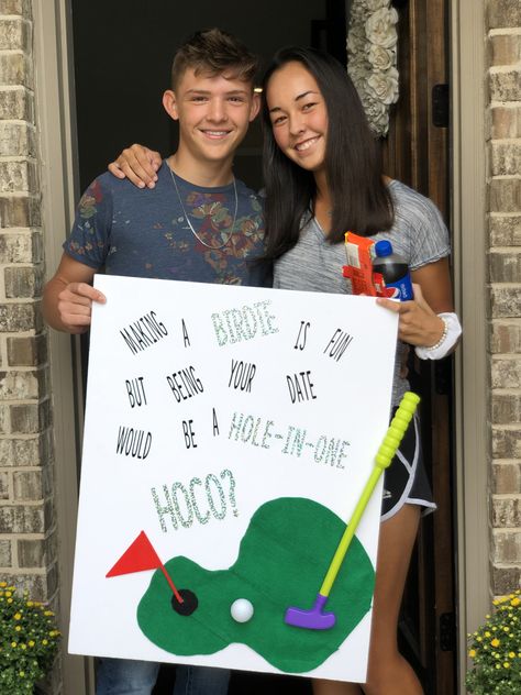 HOCO proposal. Golf themed. Homecoming dance. #hoco #homecoming Prom Asking Ideas Golf, Golf Themed Hoco Proposals, Gold Hoco Proposals, Golf Dance Proposal Ideas, Golf Theme Hoco Proposal, Hoco Proposals Ideas For Him Golf, Hoco Golf Proposals, Sadie Hawkins Proposals Golf, Prom Posals Ideas Golf