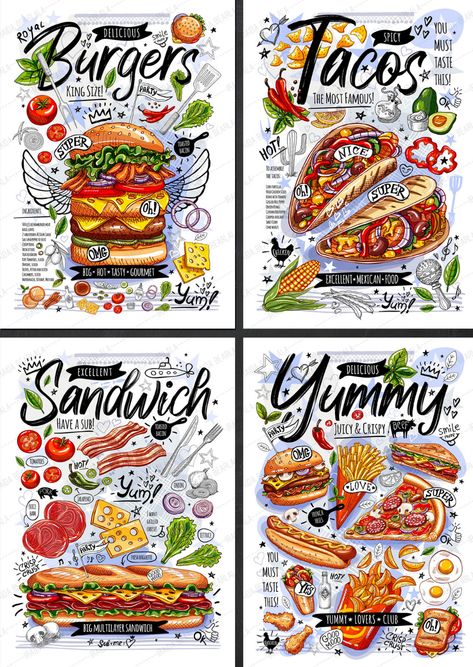 Illustration Food Poster, Food Illustration Design Graphics Poster, Save Food Poster Drawing, Food Illustrations Design, Food Art Drawing Illustration, Poster Food Design Ideas, Graphic Design Sketches, Food Poster Drawing, Vintage Food Illustration