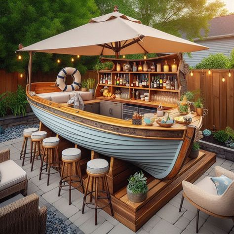 Boat Bar Design, Outdoor Speakeasy, Boat Bar Ideas, Country Bar Aesthetic, Outdoor Patio Bar Ideas, Outdoor Beach Bar, Beach Bar Design Ideas, Outdoor Pool Bar, Outdoor Bar Design