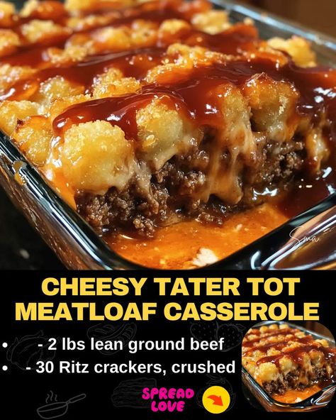 Cheesy Tater Tot Meatloaf Casserole Tater Tot Meatloaf, Beef Tater Tot Casserole, Cheesy Tater Tot Casserole, Cheesy Meatloaf, Cheesy Tater Tots, Meatloaf Casserole, Cottagecore Recipes, Tater Tot Recipes, Hamburger Casseroles Recipes